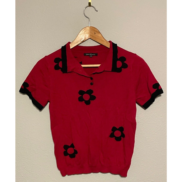 Womens Top Size S/M Red Floral Stretch Cropped Short Sleeve Mod Retro Artsy Boho - Picture 1 of 7